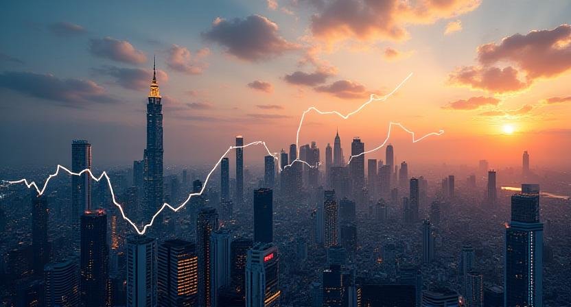 Manila skyline with overlay representing economic growth and inflation data strings