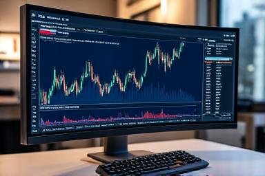 Close up of a professional trading terminal with multiple charts and technical indicators